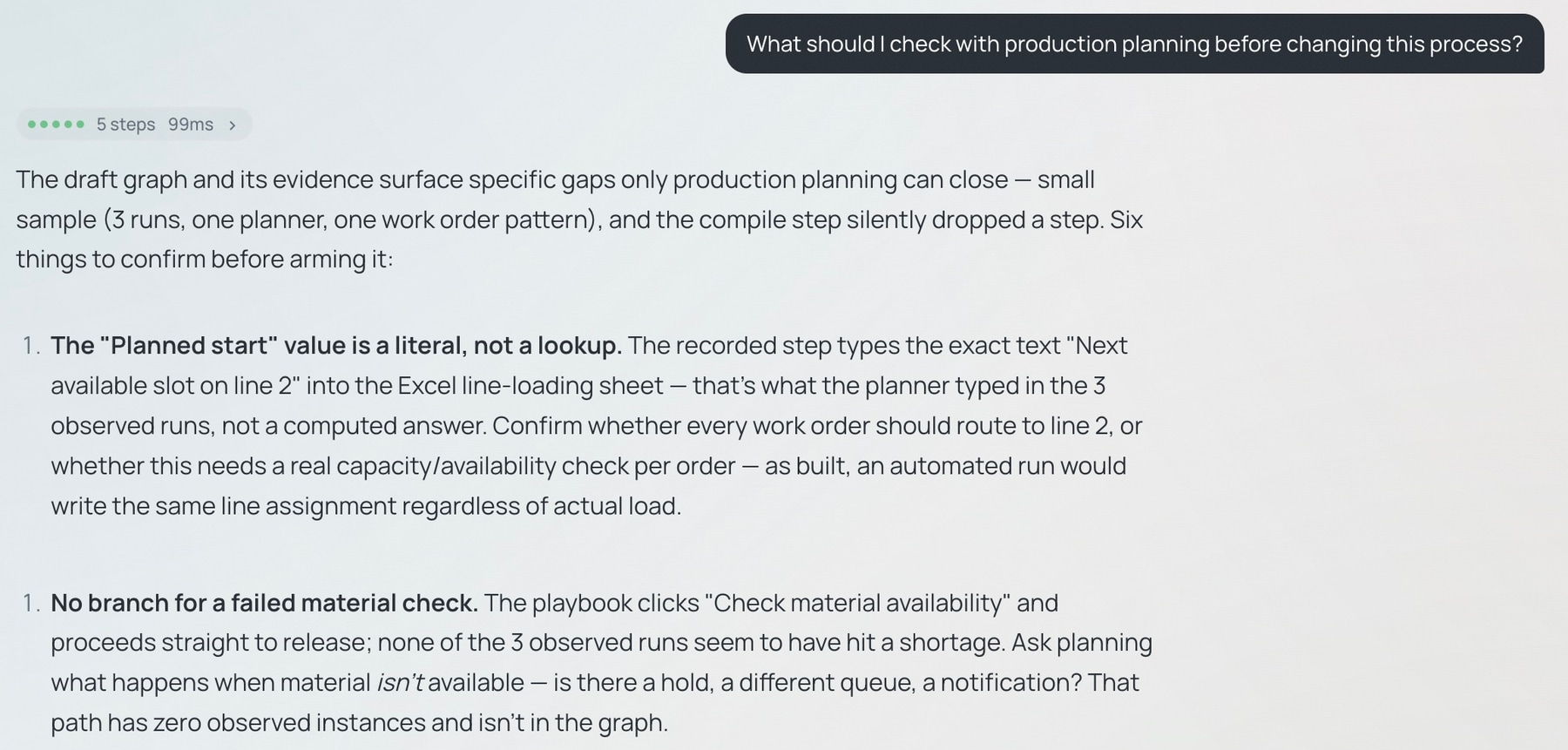 Live Isaac response to a natural question about what to check with production planning before changing a process