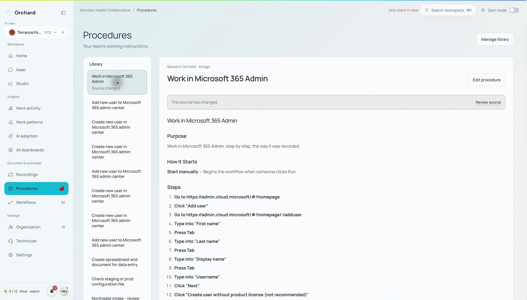 A source-linked Microsoft 365 procedure ready for review in Orchard