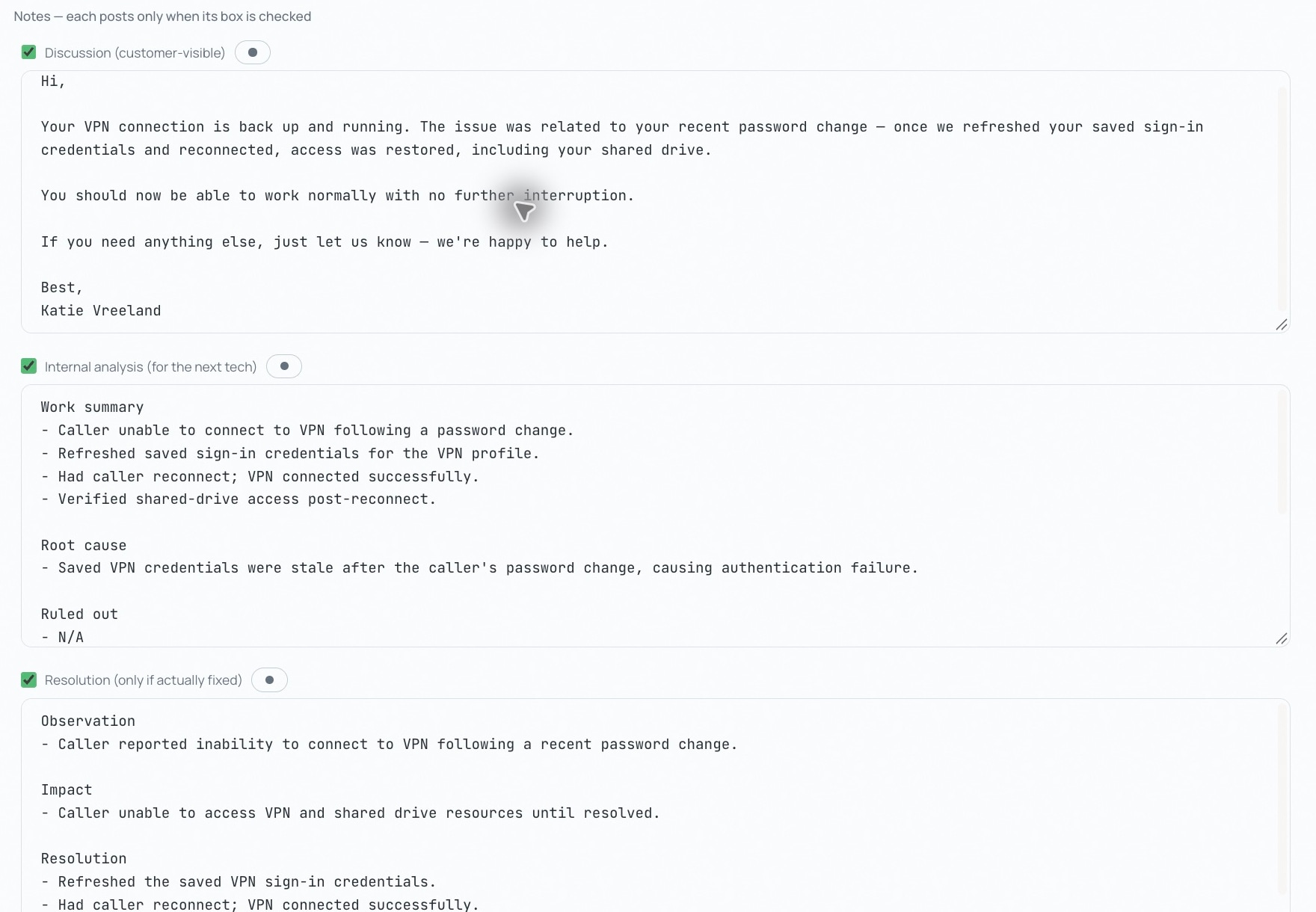 Technician draft with separate customer discussion, internal analysis, and resolution notes